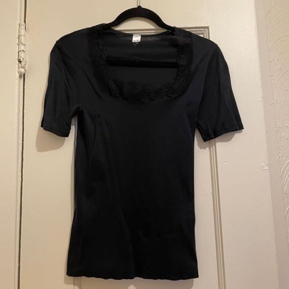 Vintage Rare Hanro Lace Delight Square-Neck Black T-Shirt Size S - Picture 3 of 7